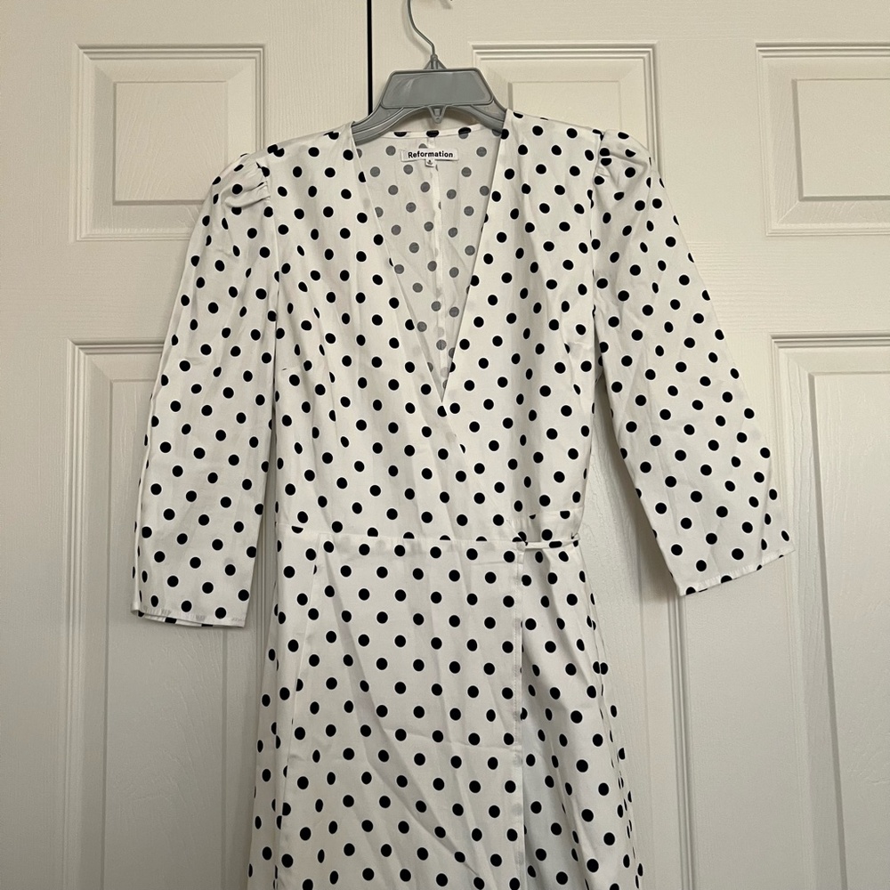 NEW Reformation Hilltop Midi Wrap Dress w/ Sleeves Polka Dot Malta Size S - Picture 13 of 14